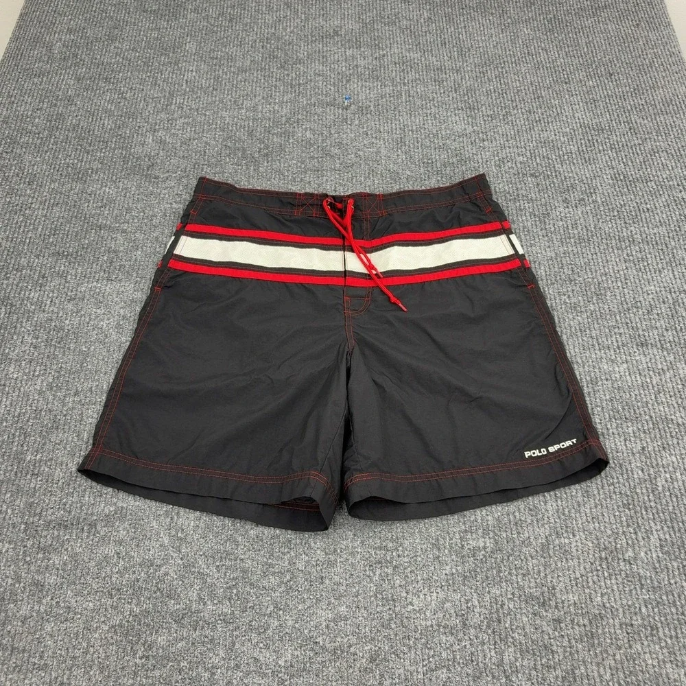 Vintage Polo Sport Ralph Lauren Swim Trunks‎ Mens L Black Nylon Mesh Stripe 90s